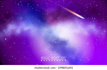 Night starry sky. Colorful space with stardust and shining stars. Cosmos background. Bright nebula and milky way. Blue galaxy backdrop. Universe banner. Vector illustration.