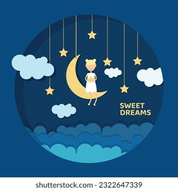 Night starry sky. A cute girl sits on the moon with a star in her hands. Vector card for wishing good night, sweet dreams