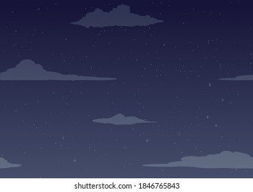 Nachts Sternenhimmel, dunkelblauer Hintergrund mit Sternen und Wolken. Vektorgrafik