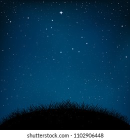 Night starry sky and dark grass ground silhouette background. Nature nightly meadow landscape with shiny stars. Constellation Big and small Dipper. Great Bear star