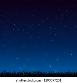 Night starry sky and dark grass ground silhoutte background
