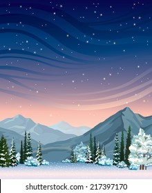 Night starry sky and frozen forest with mountains. Natural winter vector landscape.