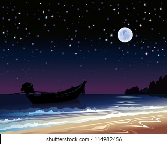 Night starry sky with full moon, boat and sea