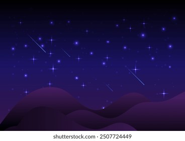The night starry sky is full of shiny stars on a dark blue background with a mountain. Astronaut landscape.  