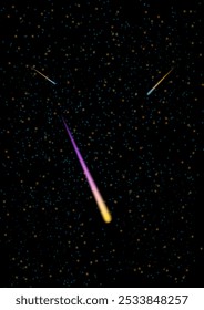 Der nächtliche Sternenhimmel ist voller glänzender Sterne mit Kometen auf dunklem Hintergrund. Astronautenlandschaft.  