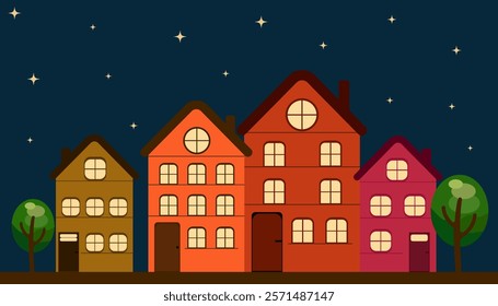 night starry sky and houses with trees, vector illustration