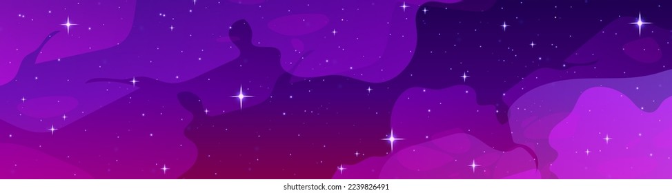 Night starry sky in lilac and pink colors with nebula effect. Cartoon vector illustration of space background with many shining stars, stardust, milky way. Infinite universe. Fantasy game background