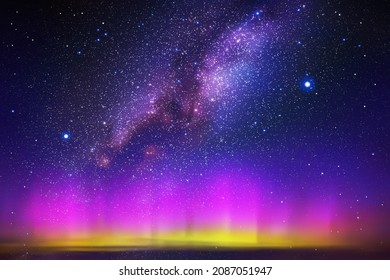 Night Starry Sky. Milky Way And Northern Light. Purple Aurora Borealis