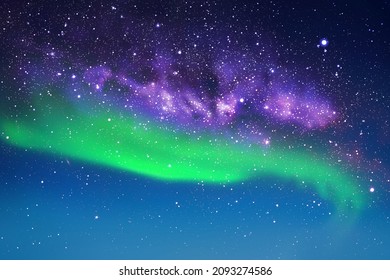 Night starry sky. Milky Way and Northern lights. Green aurora borealis