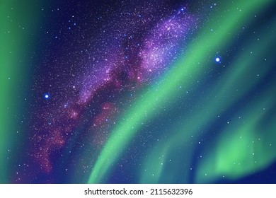 Night starry sky. Milky Way and Northern lights. Green aurora borealis