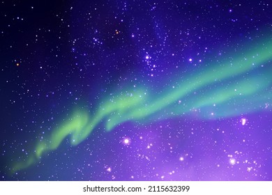 Night starry sky. Milky Way and Northern lights. Green aurora borealis