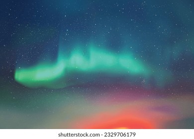 Night starry sky. Milky Way and Northern lights. Green aurora borealis