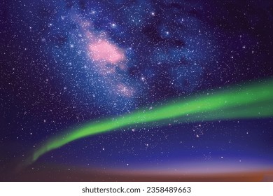 Night starry sky. Milky Way and polar lights. Green aurora borealis