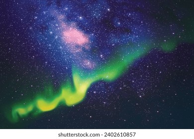 Night starry sky. Milky Way and Northern lights. Green aurora borealis
