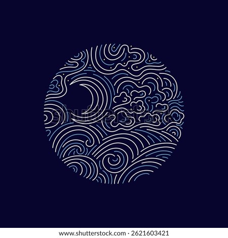 Night starry sky with moon and line cloud, blue water. Vector esoteric bg, circle symbol for design packaging, astrology, phone case. Editable stroke. Marine texture for art print