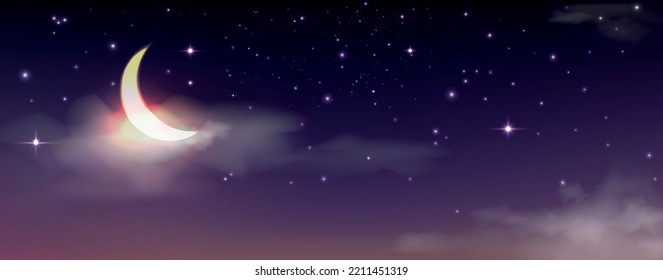 night starry sky with moon. Space. Vector illustration on the theme of astrology or astronomy. Horizontal banner, dark background