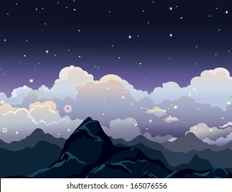 Night starry sky with mountains and group of clouds.