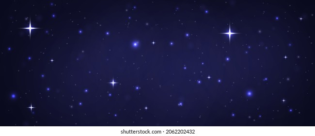 Night starry sky with nebula and constellations. Bokeh effect. Stardust in deep universe and bright shining stars in cosmic universe. Vector illustration for banner, brochure, web design.