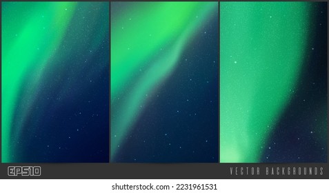Night starry sky and Northern lights. Aurora borealis. Background set