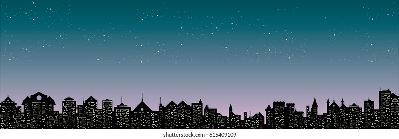 Night starry sky over city silhouette, city lights, twilight
vector cityscape illustration