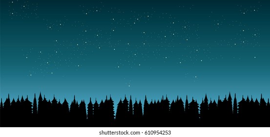 Night starry sky over forest silhouette
vector nature illustration