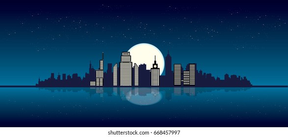 Night starry sky  over sleeping city vector illustration.reflection on water, full moon and cityscape
