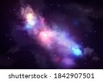Night starry sky, purple nebula and Milky Way. Vector illustration of realistic space background. Colorful wallpaper of galaxy with stardust