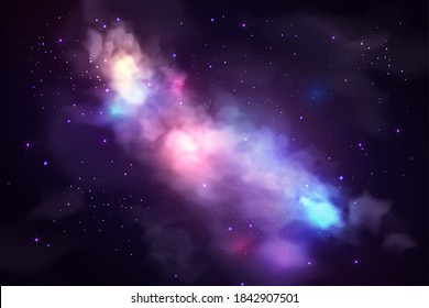Night Starry Sky, Purple Nebula And Milky Way. Vector Illustration Of Realistic Space Background. Colorful Wallpaper Of Galaxy With Stardust
