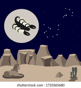 Night, starry sky and scorpion in desert. Scorpio constellation. Zodiac.