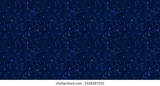 Night starry sky seamless pattern. Universe vector backdrop. Cosmic space template dark blue background. Stars and sparkles repeat wallpaper for winter holidays, astrology designs and cards.