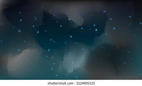Night starry sky seen through the clouds. Abstract background with stars, cosmos. Vector illustration for banner, brochure, web design