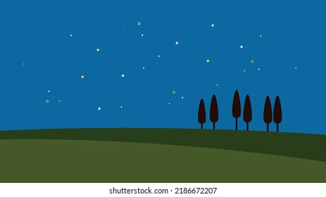 Night starry sky, silhouettes of trees in a clearing