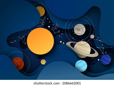 Night starry sky with solar system planets and zodiac constellations, vector illustration in paper art style. Astrology, astronomy science concept.