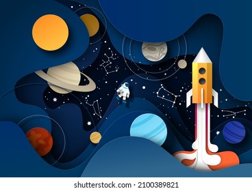 Nachts Sternenhimmel mit Planeten für Sonnensysteme, zodiakische Sternbilder, fliegende Rakete und Astronaut, Vektorgrafik im Stil der Papierkunst. Weltraumszene, Astronomie.