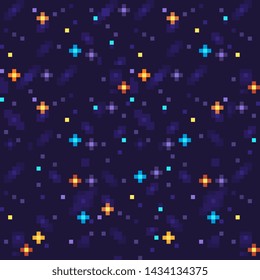 Night starry sky. Space abstract seamless pattern texture pixel art background. Game design. Isolated vector 8-bit illustration.