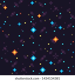 Night starry sky. Space abstract seamless pattern texture pixel art background. Game design. Isolated vector 8-bit illustration.