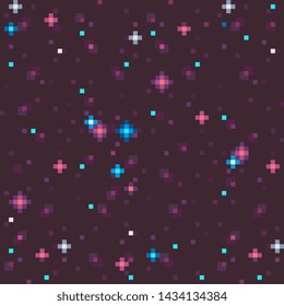 Night starry sky. Space abstract seamless pattern texture pixel art background. Game design. Isolated vector 8-bit illustration.