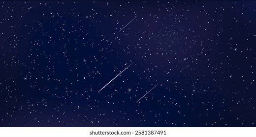 Night starry sky with sparkling stars and flying meteorites. Realistic 3d vector illustration on a dark background.