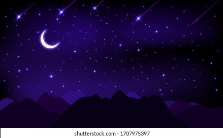 Night starry sky with stars, moon and mountains. Dark blue background. horizontal Vector illustration of the starry sky.