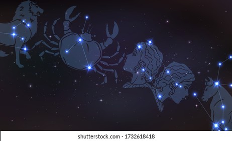 Night starry sky with the zodiac constellations and their images