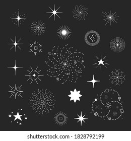 Night stars, bursts, suns and galaxy. Vector isolated space sparkles. Sky design elements.