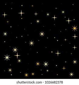 night stars pattern vector background. magic shining Flying stars on night sky cosmic backdrop, sparkle space. christmas gold sparkles confetti falling, tinsel backdrop