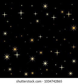 night stars pattern vector background. magic shining Flying stars on night sky cosmic backdrop, sparkle space. christmas gold sparkles confetti falling, tinsel backdrop