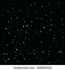 night stars pattern vector background. magic shining Flying stars on night sky cosmic backdrop, sparkle space. christmas gold sparkles confetti falling, tinsel backdrop