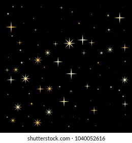 night stars pattern vector background. magic shining Flying stars on night sky cosmic backdrop, sparkle space. christmas gold sparkles confetti falling, tinsel backdrop