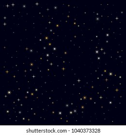 night stars pattern vector background. magic shining Flying stars on night sky cosmic backdrop, sparkle space. christmas gold sparkles confetti falling, tinsel backdrop