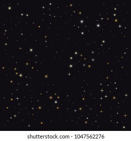 night stars pattern vector background. magic shining Flying stars on night sky cosmic backdrop, sparkle space. christmas gold sparkles confetti falling, tinsel backdrop