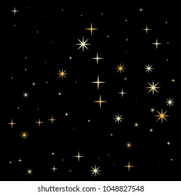 night stars pattern vector background. magic shining Flying stars on night sky cosmic backdrop, sparkle space. christmas gold sparkles confetti falling, tinsel backdrop