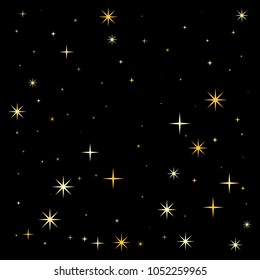 night stars pattern vector background. magic shining Flying stars on night sky cosmic backdrop, sparkle space. christmas gold sparkles confetti falling, tinsel backdrop