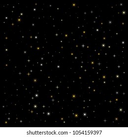 night stars pattern vector background. magic shining Flying stars on night sky cosmic backdrop, sparkle space. christmas gold sparkles confetti falling, tinsel backdrop